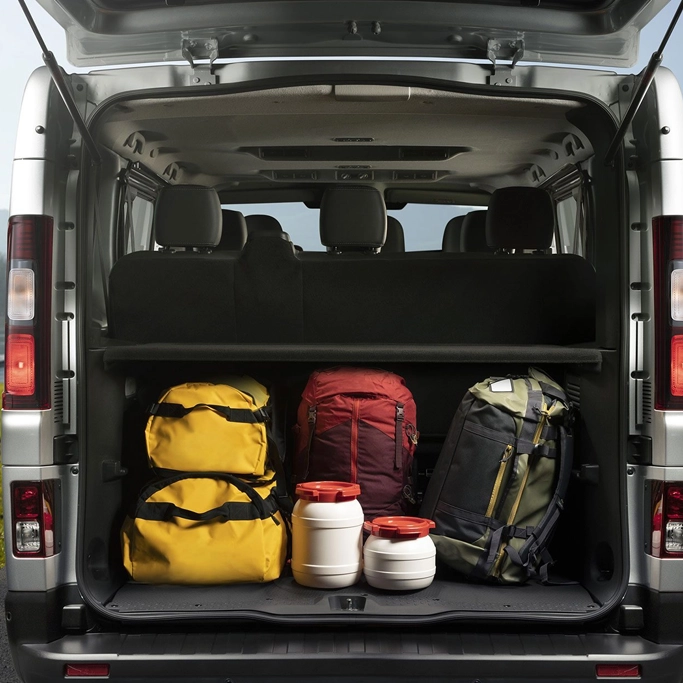 Nissan Primastar Diesel avec portes arrière ouvertes, illustrant la modularité